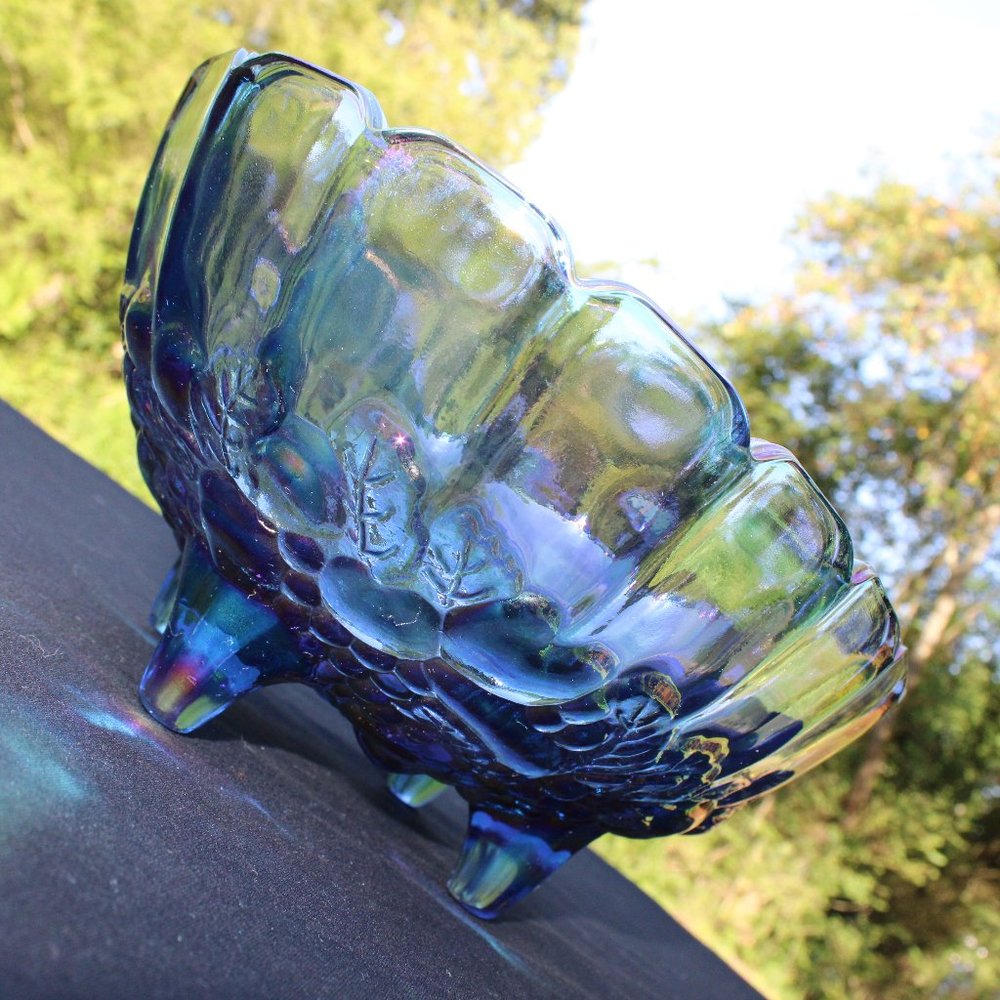 Blue Carnival Glass Fruit Bowl